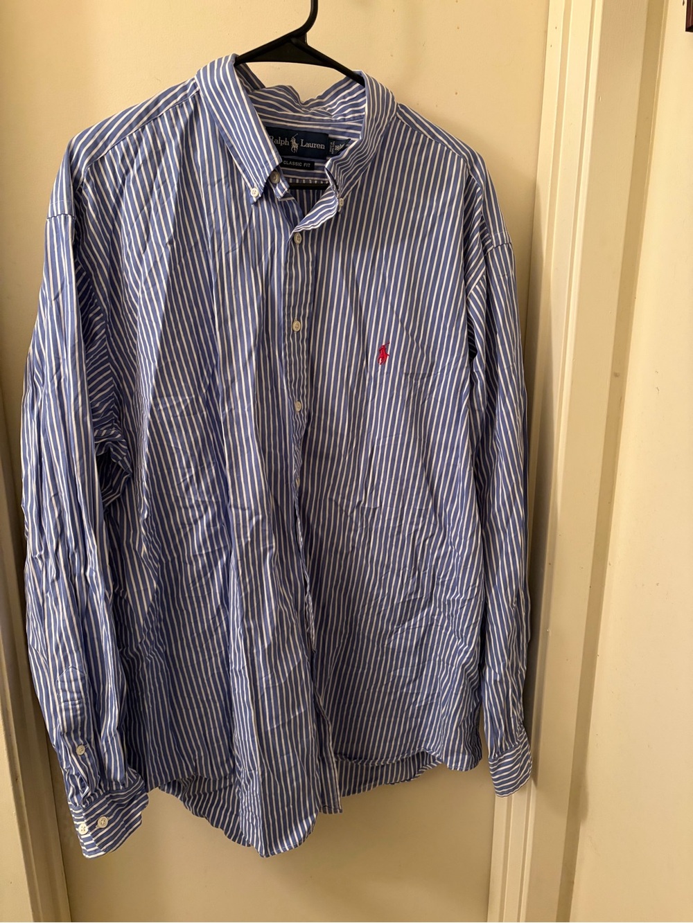 Ralph Lauren Blue and White Striped Button-Down Shirt with Red Pony